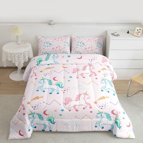 Image of Erosebridal Girls Unicorn King Comforter Set Pink and Blue Unicorns Bedding Set for Kids Child Stars Astrology Comforter Fantasy Girls Room Decor Cartoon Unicorn Horse Quilt Kawaii Bed Set