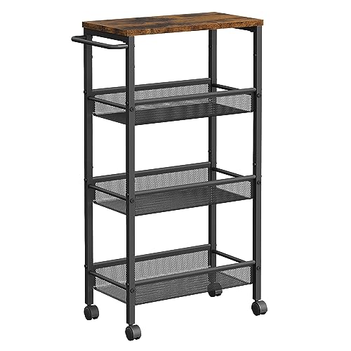 VASAGLE Carro de 4 Niveles, Carro Estrecho de Cocina con Ruedas, con Asa, para Espacio Reducido, 22 x 45,4 x 77 cm, para Cocina, Baño, Salón, Estudio, Marrón Rústico y Negro LRC033B01