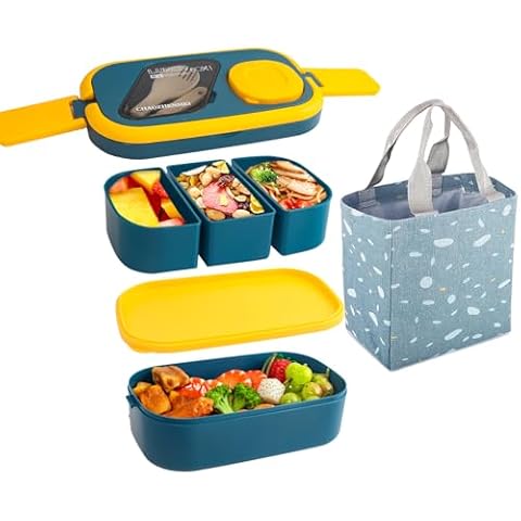 Bento Box with Bag for Adult/Kids/Women/Men, All-in-One Stackable Lunch Bento Box Container with 4 Compartments, with salad box and Plastic Utensils, BPA Free,Microwave Safe Food Container (Blue) Cover