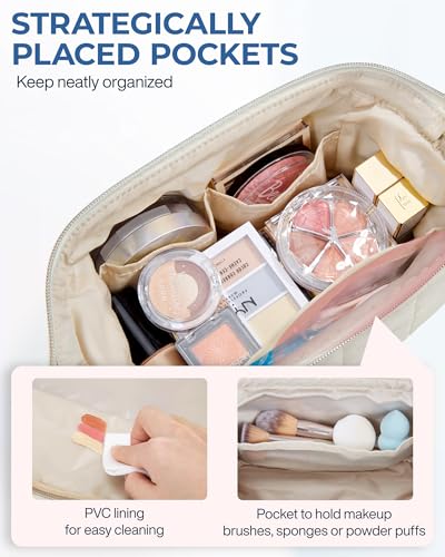Image of BAGSMART Makeup Bag Cosmetic Bag Wide Open, Beige, M, Wide-open Travel Makeup Bag With Puffy Padded and Rectangular Quilted