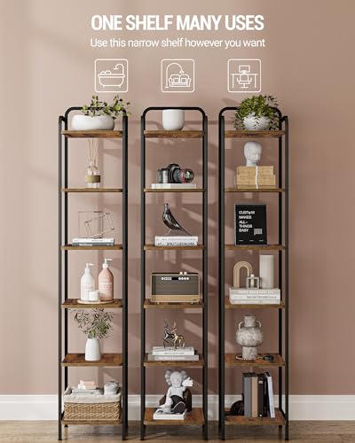 Hzuaneri Regal, Bücherregal, Standregal, Schmales Regal mit 6 Ebenen, Schmales Büroregal, Eckregal für Büro, Wohnzimmer, Schlafzimmer, Küche, 30 x 33 x 166 cm, Vintagebraun-Schwarz BC24601B