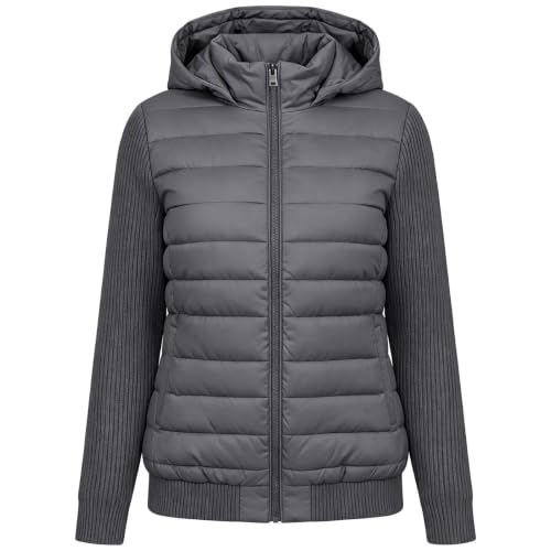 YRAETENM Womens Puffer Jacket Casual Hooded Mixed Fabric Winter Outerwear - image 7