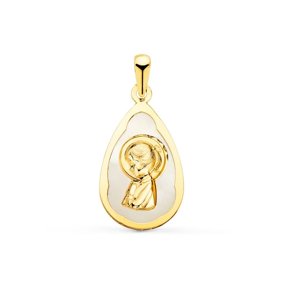 Virgen Niña medalla oro 18k Primera Comunión 19mm. nácar forma gota