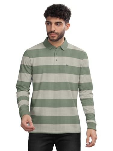 Image of BULLMER Striped Textured Printed Polo Neck Fullsleeve T-Shirt with Rib for Men