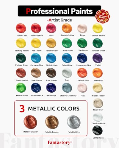 Image of Fantastory 36ml 36 Colors Acrylic Paint Set with 10 Brushes | Excellent Coverage, High Light Fastness, Waterproof, Includes Extra White & Gold, for Canvas, Wood, Ceramics, Models