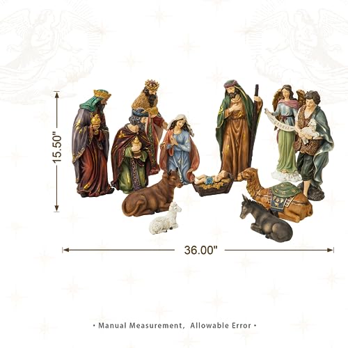 Image of Glitzhome 15.5 inch x 36 inch Large Christmas Nativity Figurines Set for Tabletop Decorations, Xmas Resin Scenes Figures Sets Table Topper Ornaments, 12Pcs Christmas Collectibles Figurines Statue Decor