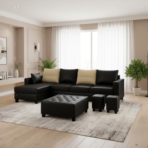 Image of CASASTYLE Texon 8 Seater Leatherette LHS L Shape Sofa Set with 1 Centre Table & 2 Puffy (Black) Premium Finish Comfortable Sectional Sofa Set