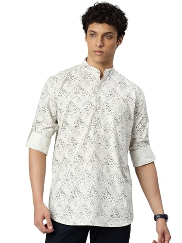 Image of Majestic Man Men's Pure Cotton Printed Mandarin Collar Regular Fit Roll-Up Sleeves Short Kurta