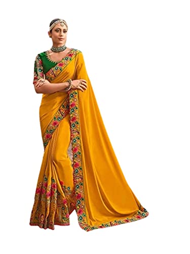 Sari indien en soie jaune 7701 vêtement traditionnel multicolore de 6,3 mètres