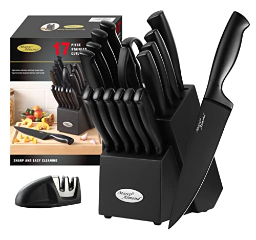 Image of Marco Almond Kitchen Knife Set with Block and Sharpener MA23, 17 Pieces Knife Block Set Stainless Steel Chef Black Knives Set for Kitchen