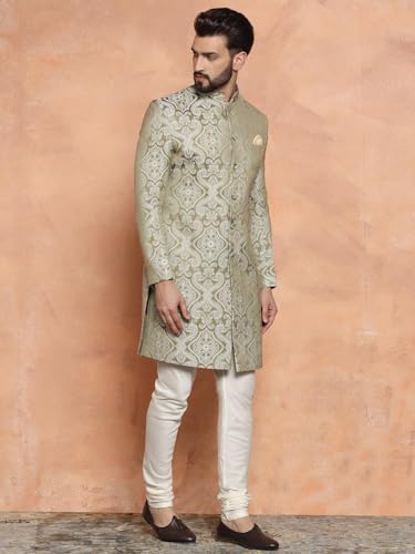 Image of KISAH Men's Ethnic Wear Silk Blend Woven Design Regular Fit Olive Indo-Western Sherwani Set Indo-Western
