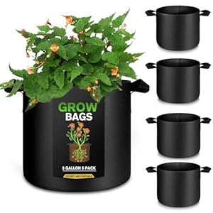 5 Pack 5 Gallon Grow Bags, Sturdy Fabric Pots, Premium Fabric Plant Grow Bags, Garden Bags to Grow Vegetables, Aeration Planting Bags with Handles, Pots for Outdoor Plants (Black)