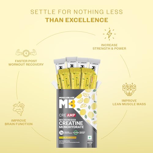 Image of MuscleBlaze Micronised Creatine Monohydrate CreAMP Powder, 7 Sachets | Citrus Blast | Trustified Certified Creatine