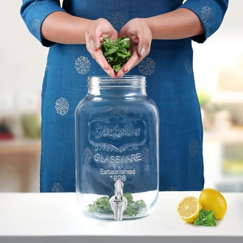 Image of ABOUT SPACE 4 Litre Glass Juice Dispenser - Water Pitcher for Detox Water - Mason Jar - Counter Table Top Infused Water & Beer Dispenser- Air Tight Lid Pitcher for Home & Kitchen Glassware, Restaurant