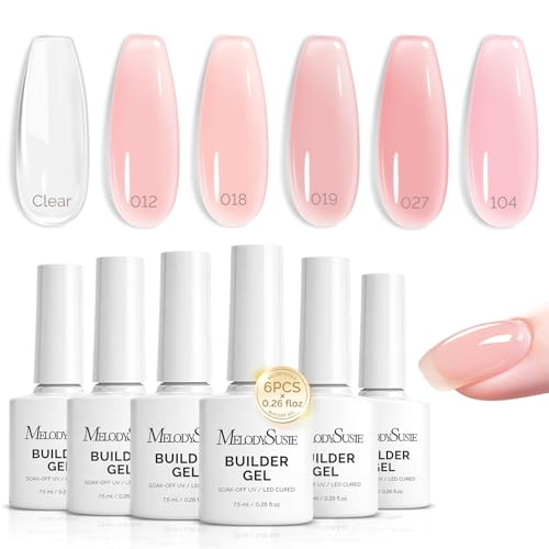 Image of MelodySusie Builder Gel Nail Polish Set, Base Colors Nude Pink Clear 8 in 1 Nail Thickening Rubber Base Gel Polish,Soak Off UV Extension,Rhinestone Nail Glue in a Bottle Gift for Women 6 Colors