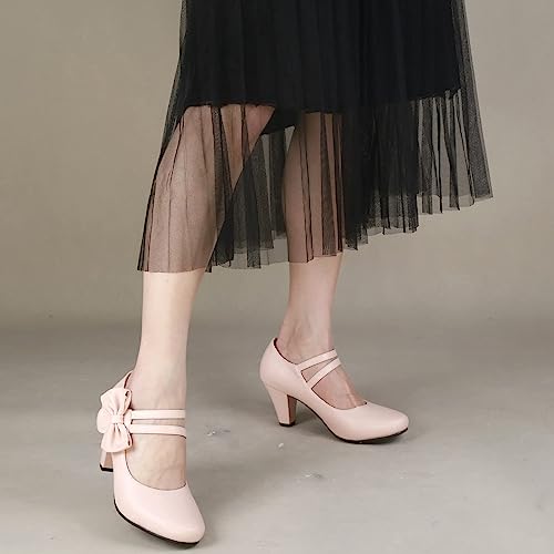 Erikenurben Pink Women's Vintage Mary Jane Shoes Sweet Bow Heels 1950S Pumps Ankle Strap Lolita Shoes Party Dressy Shoes Pink Size 37 Asian #TOP2