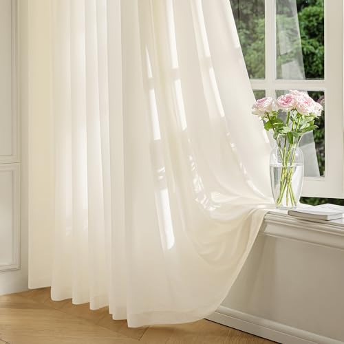 Image of FMFUNCTEX Cream Sheer Curtains, 45 Inch, Rod Pocket, 2 Panels for Bedroom | Butter Cream Semi Sheer Airy Drapes for Living Room, Faux Silk, Light Filtering for Privacy Without Blocking Natural Light