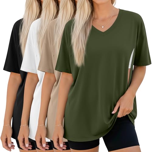 Sweetyweee 4 Pack Women's Oversize Nursing Tops for Breastfeeding Hidden Zipper Maternity T Shirts Short Sleeve V Neck Shirts(Army Green, Khaki, White, Black,Medium)