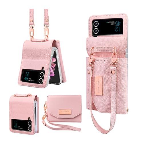 for Samsung Galaxy Z Flip 4 Wallet Case with Built-in Leather Cash Slot and Credit Card Holder. Wristlet Strap and Hinge Protection, Carrying Handbag Phone Case for Women Ladies.(Pink) Pink