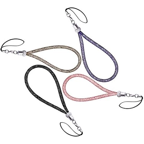 MOTIVE LIFE Lanyard with Fishnet Tube Filled with Sparkly Rhinestones(pack of 4),Bling Wrist Strap for Phone,Camera,ID Badge and USB Key,Short,Black-Champagne-Pink-Purple Cover