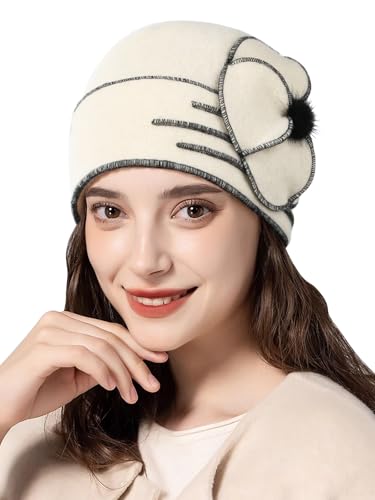 Sumolux Beanie Hats for Women Wool Beret Floral Cuffed Skull Cap French Vintage Dress Cloche Classic Winter 1920s White White