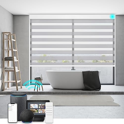 Image of Changshade Smart Zebra Blinds Motorized Shades Remote Control for Indoor Windows, Custom Size Electric Solar Panel Power Automatic Work with Alexa, Google Home, Apple Homekit, Light Filtering Grey