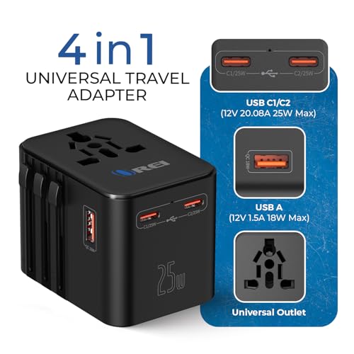 Image of Orei 25Watt Universal Charger Adapter | 2X USBC 1XUSB A - 4-in-1 International Travel Adapter | Universal Travel Adapter Compatible 150+ Countries | Type C, A, G, I Compatible, Black
