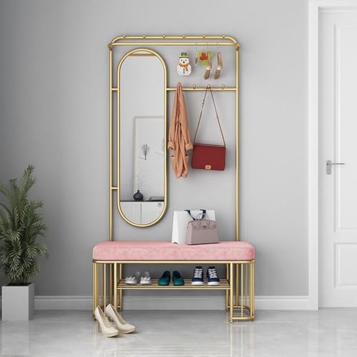 Perchero de metal con banco de zapatos, banco de entrada con perchero y espejo, soporte multifuncional para pasillo con ganchos, árbol de abrigo de pie, fácil montaje para sala de estar