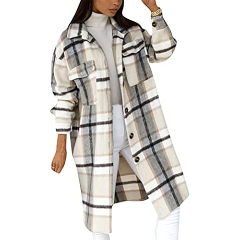 EFOFEI Lady Long Plaid Coat Button Up Pocket Shirt Winter Long Jacket Tartan Winter Coat Causal Outfit with Pockets Apricot M Cover