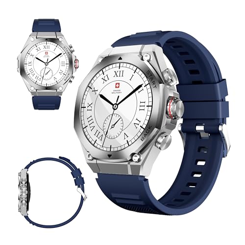 Image of Swiss Military DOM6 Smartwatch 1.43 inch AMOLED, Bluetooth Calling, Multi Language, Health & Sports Tracking, Wireless Charging, 7 Days Battery, IP67, iOS /Android Compatible,Silver Frame with Blue Strap