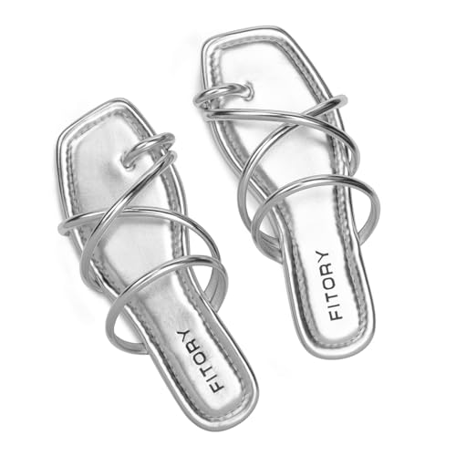 Image of FITORY Women's Slide Sandals Flat Toe Ring Thongs with Cross Strap for Summer Size