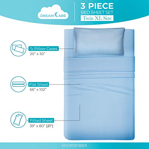 Image of DREAMCARE Twin XL Sheets - 3pc Breathable Cooling Sheets Twin XL Sheet Sets | - up to 21 inch Deep Pocket XL Twin Sheets with Side Pockets - Extra Soft - Double Brushed Hotel Luxury Bed Sheets - Light Blue