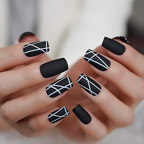 Black Matte Press-On Fake Nails for Women - Fake Fingernail Tips with Easy Application, White Drawing Square Medium False Lady Tips with Tabs and File