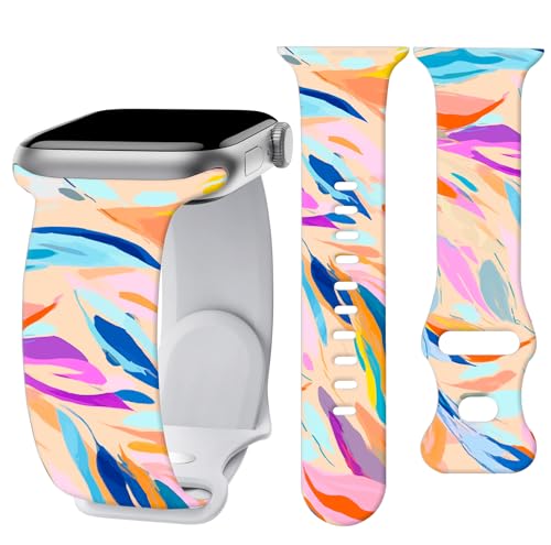ATJFKIXL Sport Silicone Band Compatible with iWatch Bands 41mm 40mm 38mm, Soft Waterproof Cute Wristband Replacement Strap for iWatch Series 9 Ultra 8 7 6 5 4 3 2 1 SE Women Men Abstract Leaf