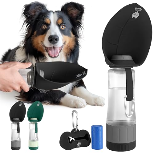 Healthy Hounds Portable Dog Water Bottle for Walking, Travel | 600ml (20.3oz) Leak-Proof Pet Water Dispenser | Black Dog Travel Accessories & Essentials