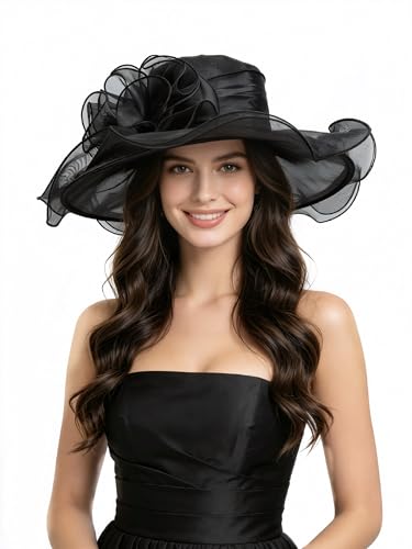 SAFERIN®Classy Sun Hat for Women Ladies Girls, Organza Feather Fascinator for Tea Party Church UV ProtectionBlack