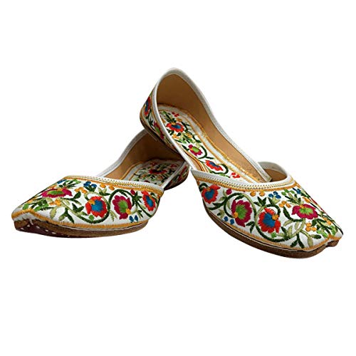 Stop n Style Punjabi Jutti for Ladies Mojari Shoes White Floral Multicolor Casual Party Wedding Slip-On Flats2