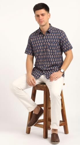 Image of BLOCKS OF INDIA Cotton Hand Block Print Half Sleeves Summer Shirt for Men