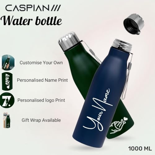 Image of Caspian Bolt Customised Stainless Steel Water Bottle 1L, Combo PB & FG with Logo Print - Personalised Water Bottle with Your Name Print for School Office Gym- Perfect for Corporate Gifting (Set of 2)