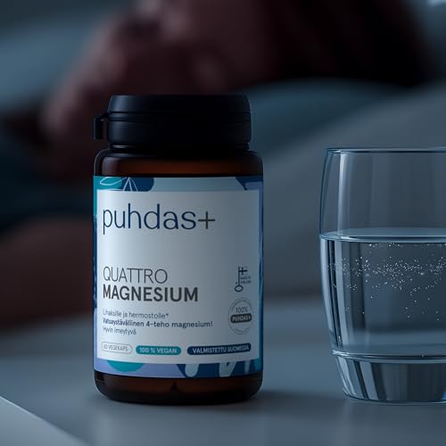 puhdas+ Quattro Magnesium | Hochdosiert | 60 vegane Kapseln | Magnesium-Komplex aus Magnesiumtaurat, Magnesiummalat, Magnesiumcitrat & Magnesiumhydroxid | Hergestellt in Finnland