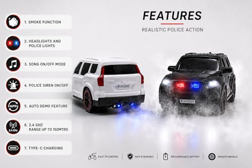 Image of Scorpio-N RC Police SUV Car Toy (Plastic) 1:18 Scale with Smoke Function, LED Headlights, Police Siren, 2.4GHz Remote, 1:18 Scale, Type-C Rechargeable, for Kids 4 Years and Above