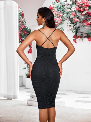 Women’s Summer Ruched Mesh Bodycon Midi Dress, Built-in Bra and Shapewear, Deep V-Neck and Spaghetti Straps3