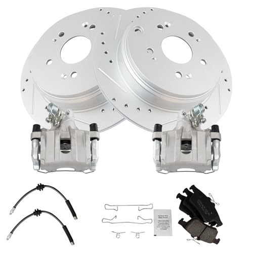 Image of TRQ Performance Rear Brake Pad and Rotor Set Ceramic Slotted Drilled G Coated Rotors Calipers Hoses Compatible with 2006-2008 Mazda 3 S 2007-2008 Mazda 3 MazdaSpeed
