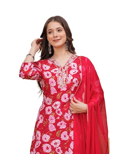 Image of MANHAREE | Women's Rayon Printed Straight Kurta with Pant & Dupatta Set