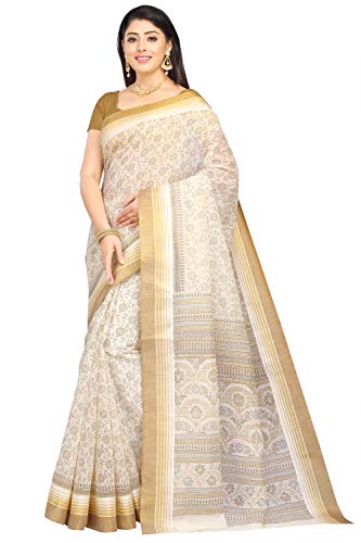 Image of RANI SAAHIBA Women's Poly Cotton Printed Saree With Blouse Piece (SKR6963 Off-White)
