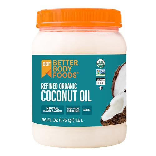 BetterBody Foods Organic, Naturally Refined Coconut Oil, 56 Fl Oz, All Purpose Oil for Cooking, Baking, Hair and Skin Care