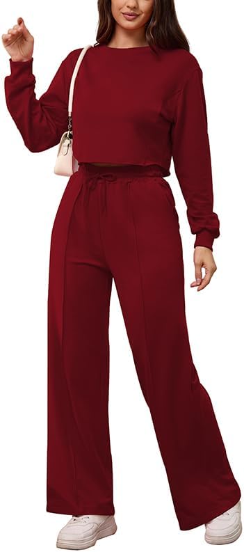 PINSV Women's 2 Piece Outfits Sweatsuit Set Long Sleeve Crop Top Drawstring Wide Leg Pants with Pockets Tracksuits Casual Set - Image 2