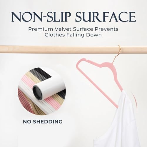 Image of HOUSE DAY Pink Velvet Hangers 120 Pack, Premium Clothes Hangers Non-Slip Felt Hangers, Sturdy Black Hangers Heavy Duty Coat Hangers, Durable Suit Hangers, Space Saving No Hanger Mark Rotating Hook