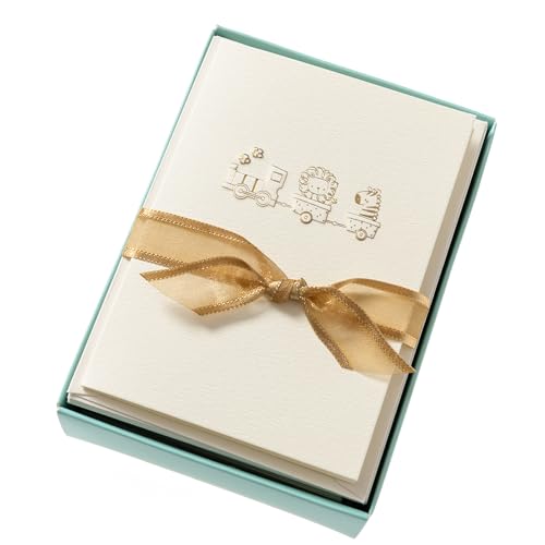 Image of Graphique Baby Train Cards, Pack of 10 Cards with Envelopes, Newborn Greeting, Congratulations to New Parents, Blank Inside, Gold Foil Embossing, La Petite Press Collection Boxed Set, 3.25 inch x 4.75 inch