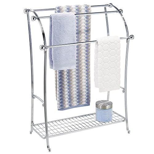 mDesign-Large-Standing-Metal-Bathroom-Towel-Holder-Stand-with-Shelf-3-Tier-Towel-Rack-Stand-for-Hanging-Bath-Hand-and-Fingertip-Towels-Towel-Stand-for-Bathroom-Hyde-Collection-Chrome